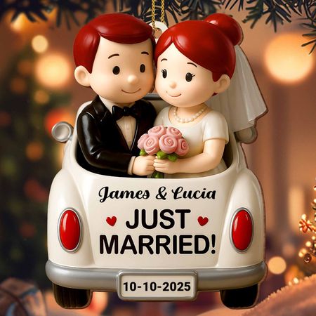 Just Married, Bride And Groom In Wedding Car, Custom Wood Ornament, Gift For Couples and Newlyweds